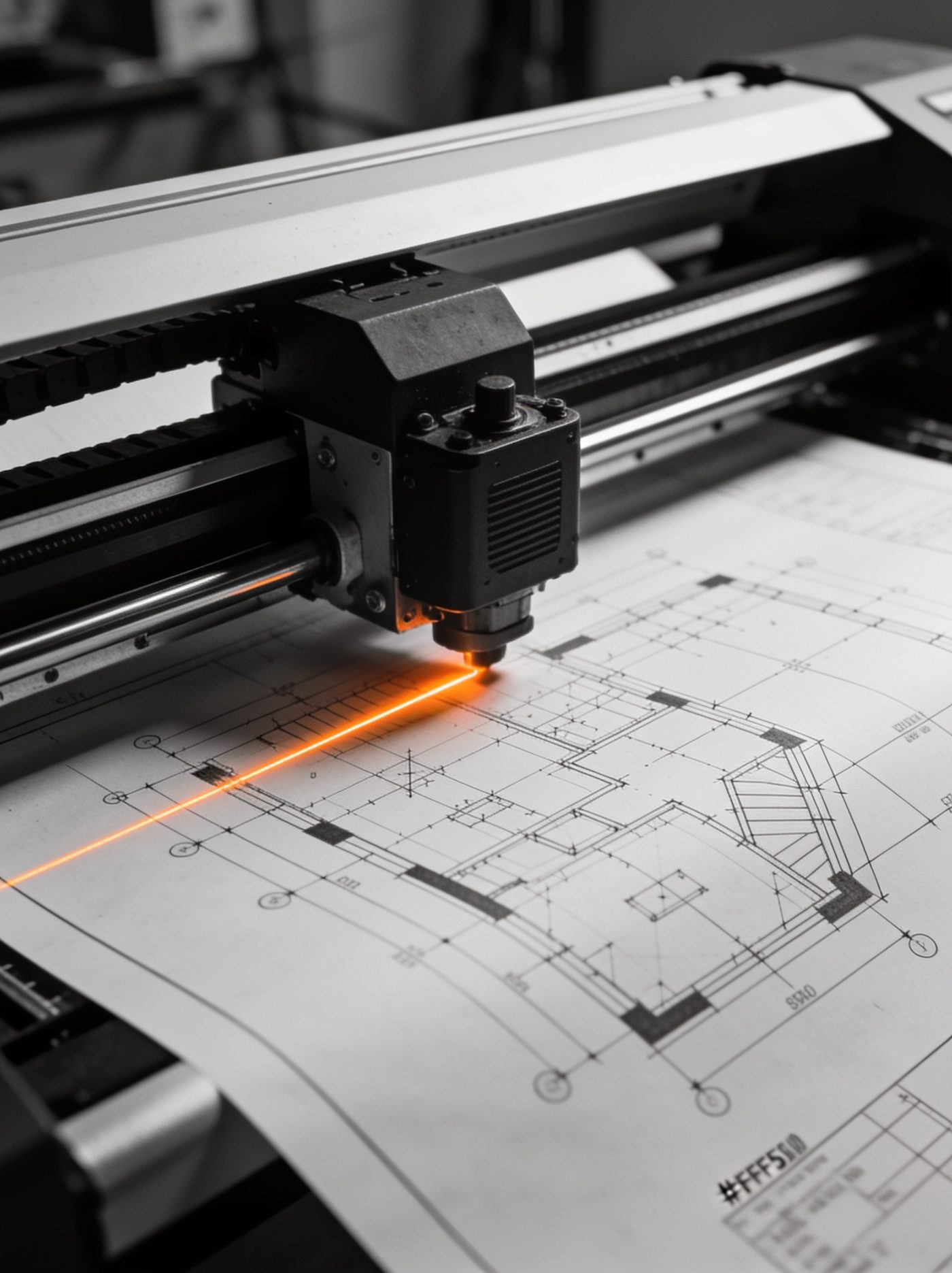 Großformat-Plotter zeichnet eine orangefarbene Linie auf einen CAD-Plan