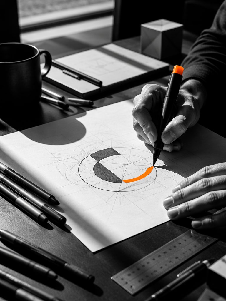 Designerhände skizzieren ein Logo mit orangefarbenem Marker