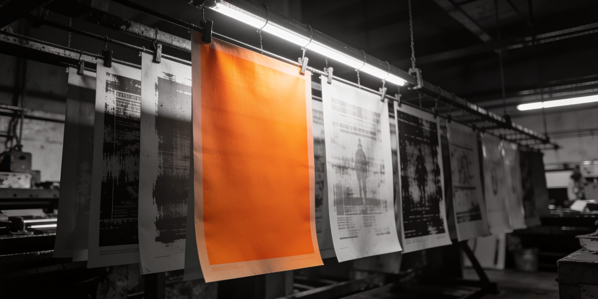 Frisch gedruckte Poster auf der Trockenleine – eines leuchtet in Signal-Orange