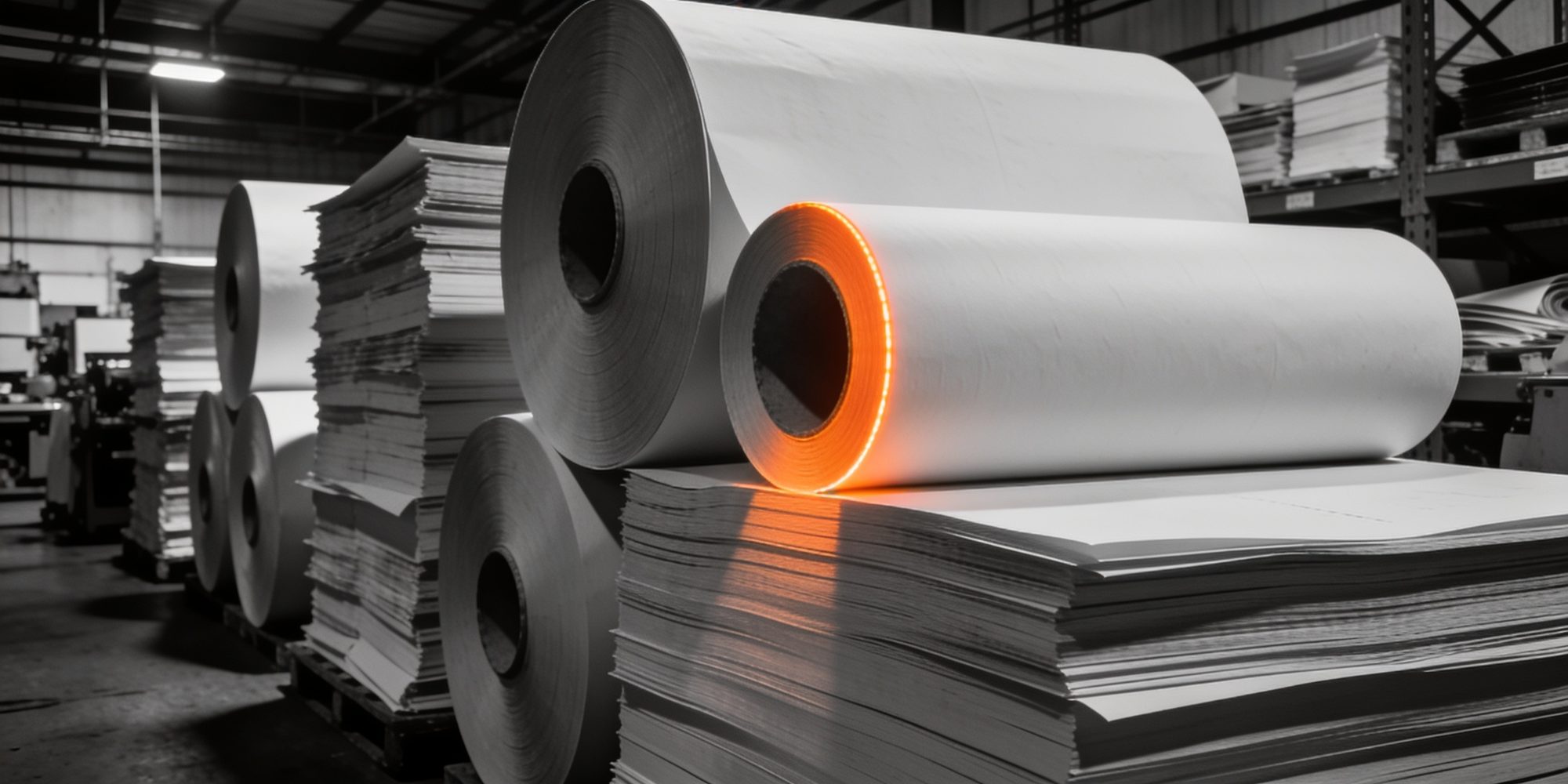 Papierrollen im Großformatlager – eine Rollenkante glüht orange